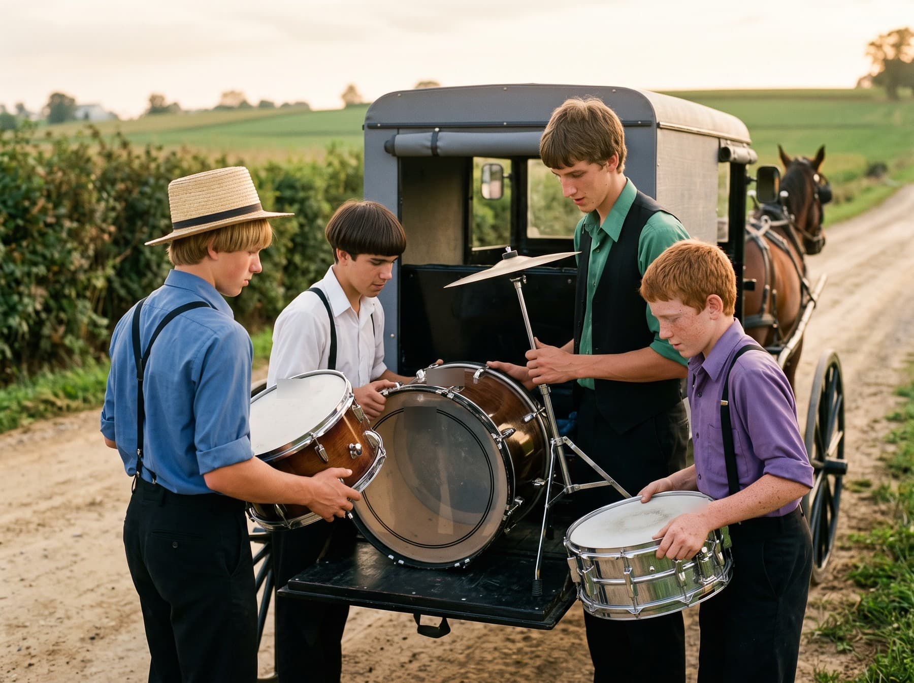 Four young men loading a drum kit into the back of a gray covered buggy on a dirt farm lane at dusk, the horse waiting