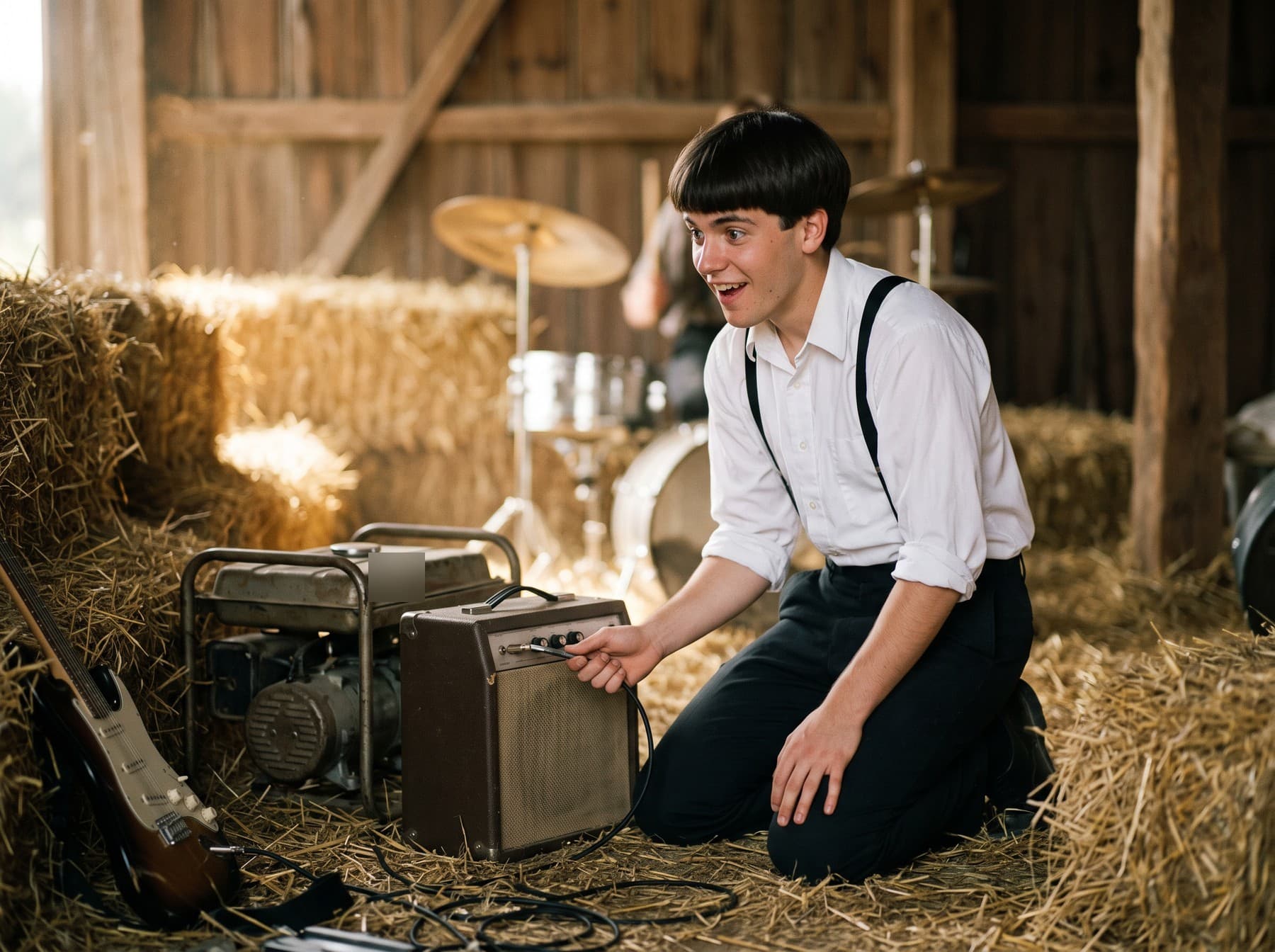 A dark-haired young man in a white shirt kneeling in straw, plugging a cable into a small amplifier beside a portable generator, smiling